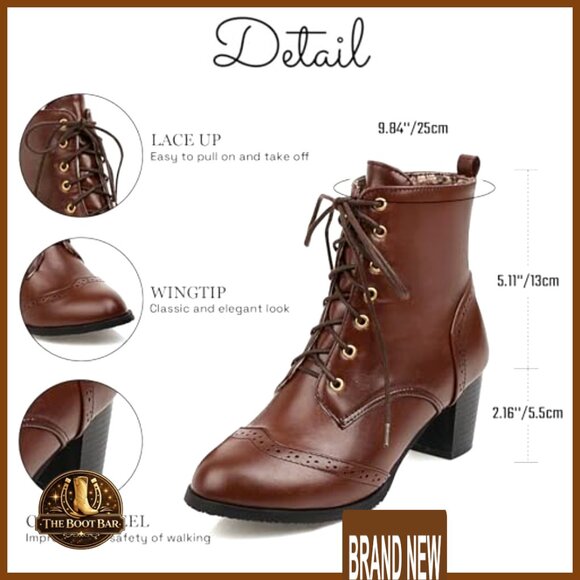 Chunky Heel Ankle Boots Lace Up Side Zip Dress Shoes Elegant Chic Retro - Picture 4 of 7